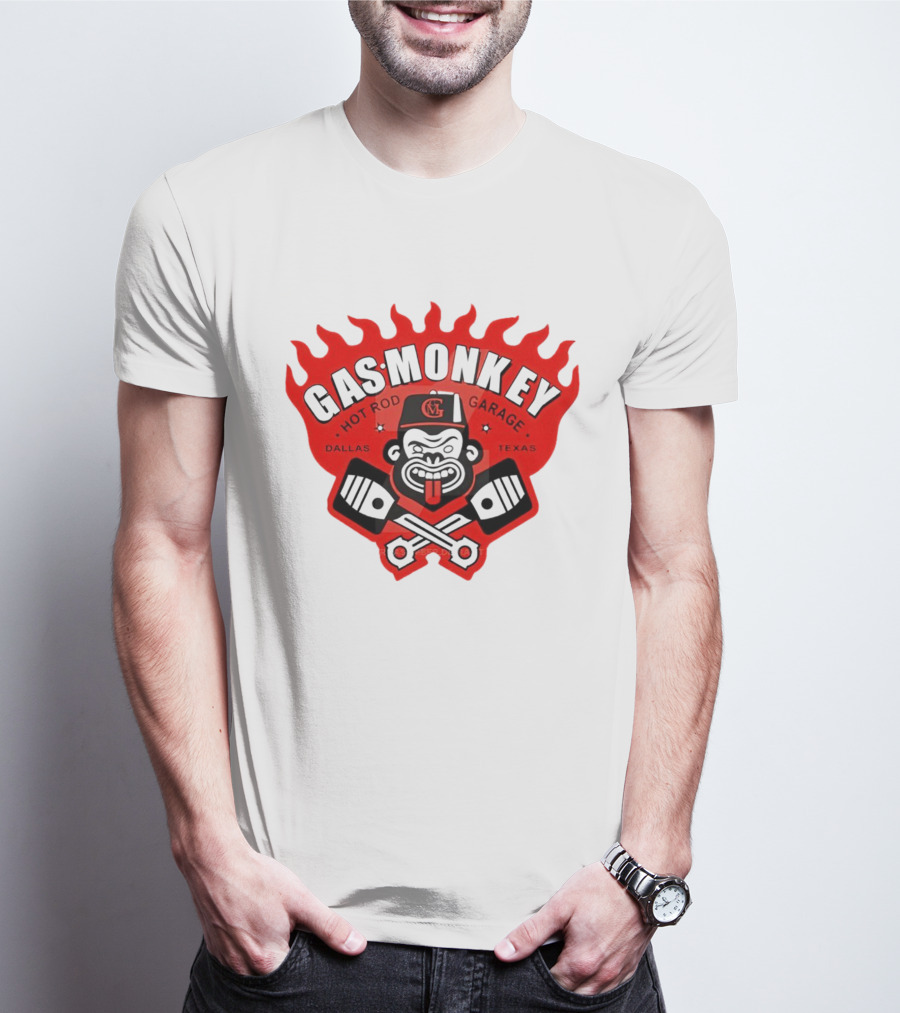 Gas Monkey Hot Rod Garage Dallas Texas Flame Logo Monkey With Pistons T-Shirt