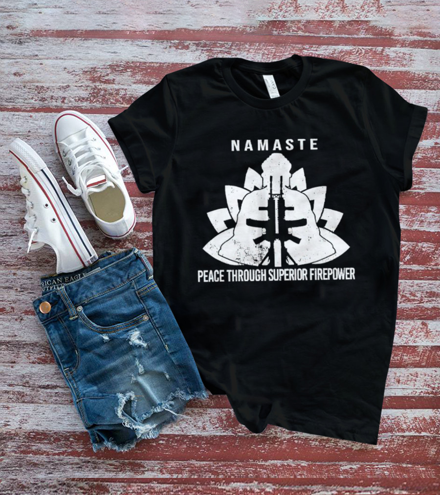 Namaste Peace Through Superior Firepower Lotus Helmet Gunpowder Mandala T-Shirt