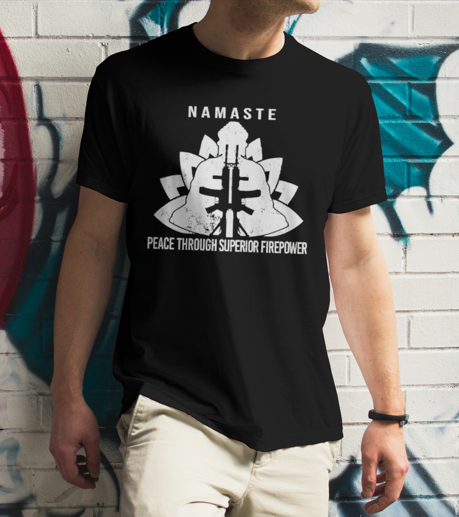 Namaste Peace Through Superior Firepower Lotus Helmet Gunpowder Mandala T-Shirt