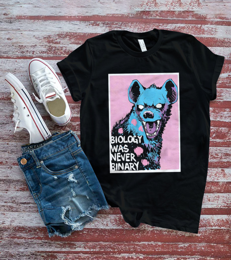 Biology Was Never Binary Blue Hyena Pink Background T-Shirt