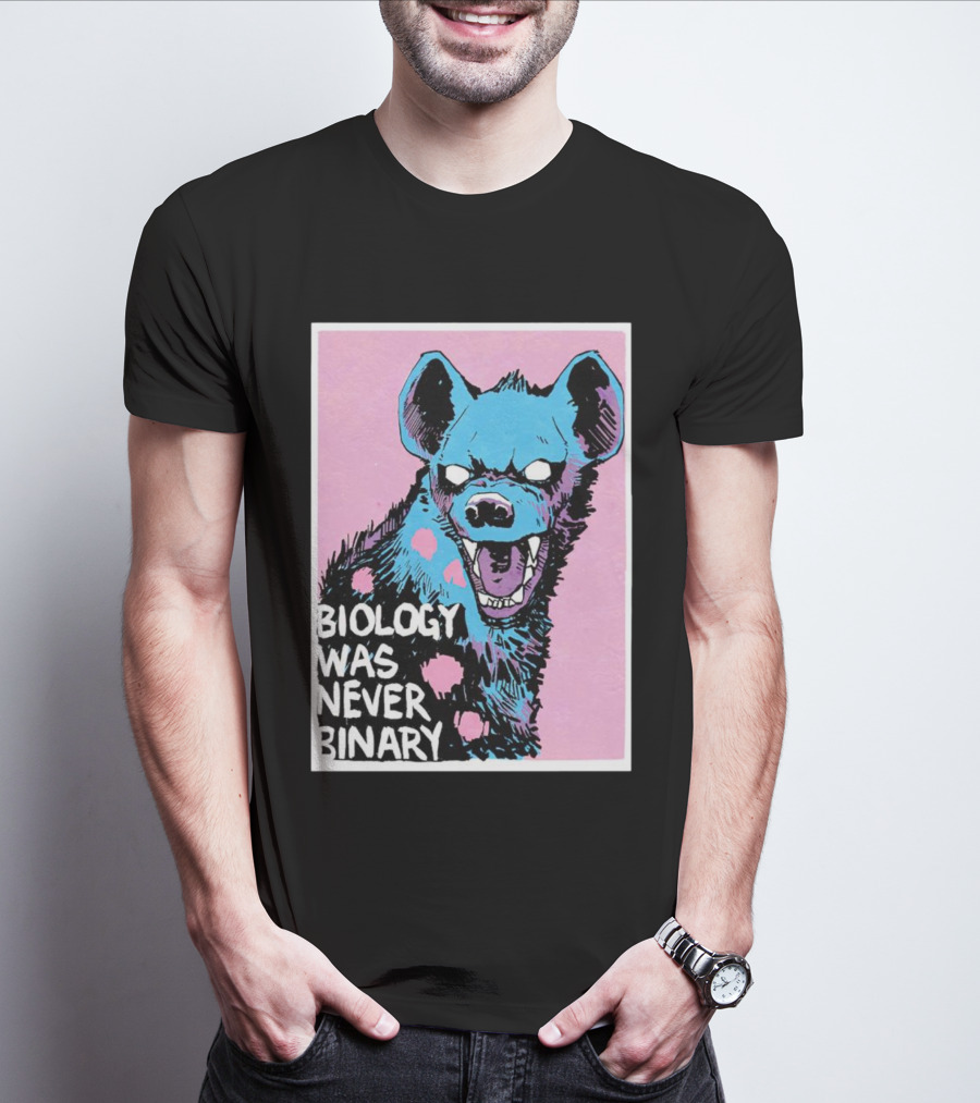 Biology Was Never Binary Blue Hyena Pink Background T-Shirt