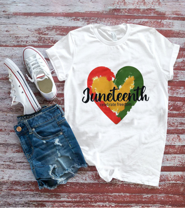 Juneteenth Celebrate Freedom Heart With Red Yellow Green Colors T-Shirt