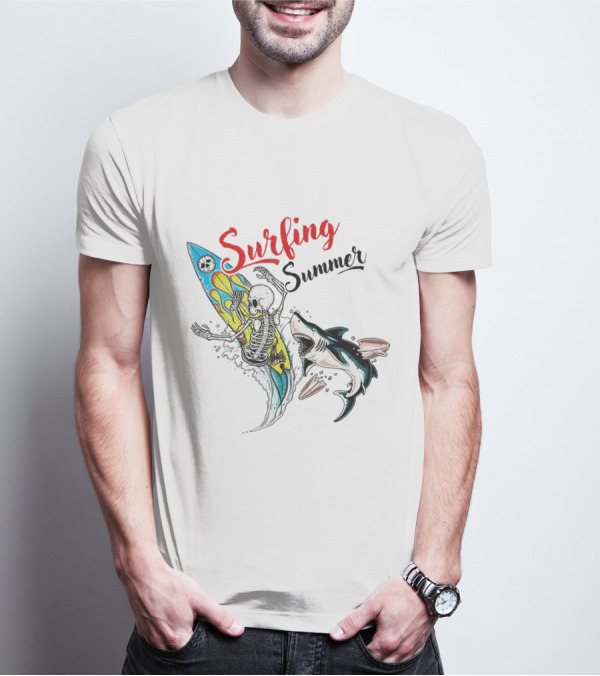 Surfing Summer Skeleton Battling Shark Adventure T-Shirt