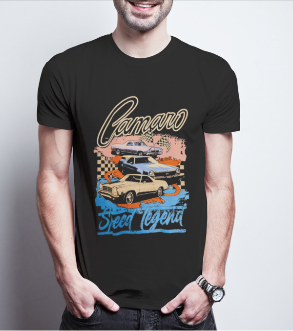Camaro Speed Legend Vintage Racing Cars Checkered Flags T-Shirt