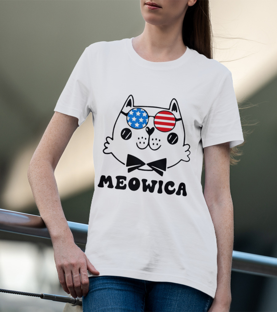 Meowica America Cat In Patriotic Star And Stripe Sunglasses T-Shirt