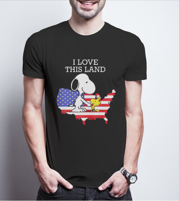 Snoopy Woodstock I Love This Land American Flag USA Map T-Shirt