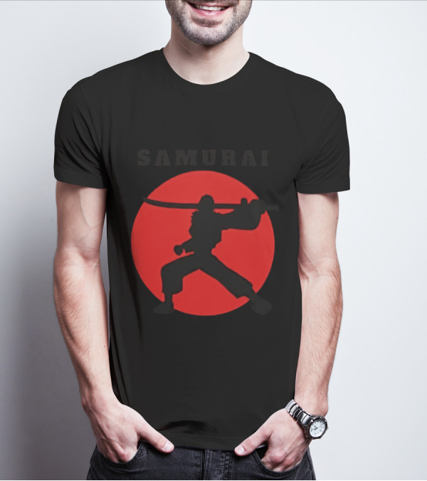 Samurai Silhouette With Red Sun Background T-Shirt