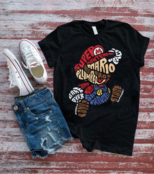 Super Nintendo Mario Bros Plumber Jump Stage Game Typography T-Shirt
