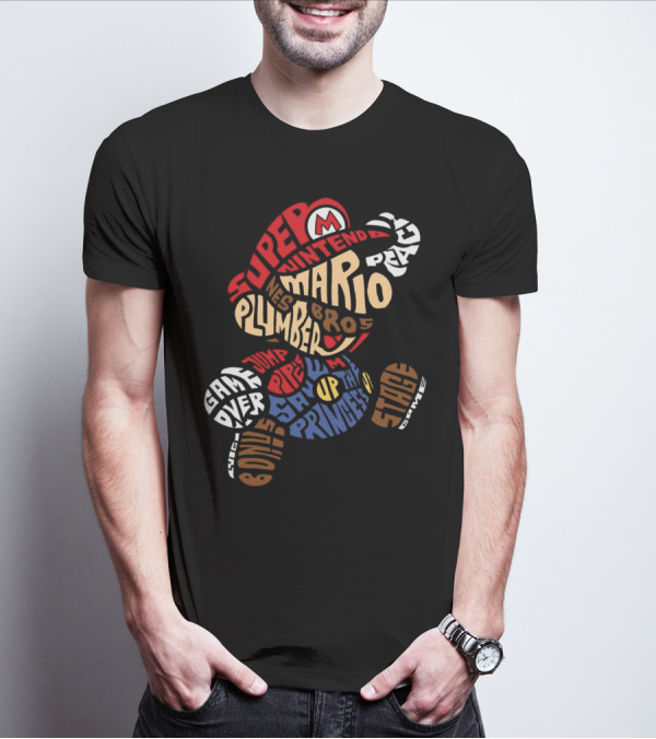 Super Nintendo Mario Bros Plumber Jump Stage Game Typography T-Shirt