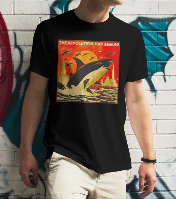 The Revolution Has Begun Orca Tower Attack With Jumping Killer Whales And Red Sky T-Shirt