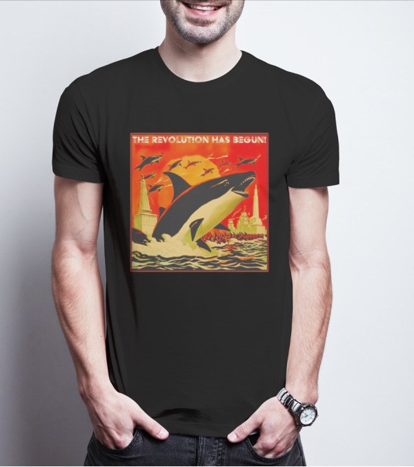 The Revolution Has Begun Orca Tower Attack With Jumping Killer Whales And Red Sky T-Shirt