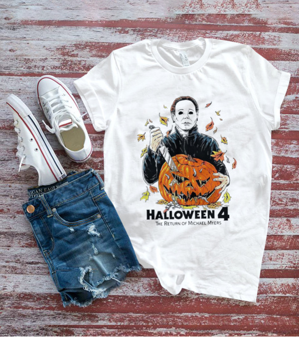 Halloween 4 The Return Of Michael Myers Knife-Wielding Michael With Carved Pumpkin And Autumn Leaves T-Shirt
