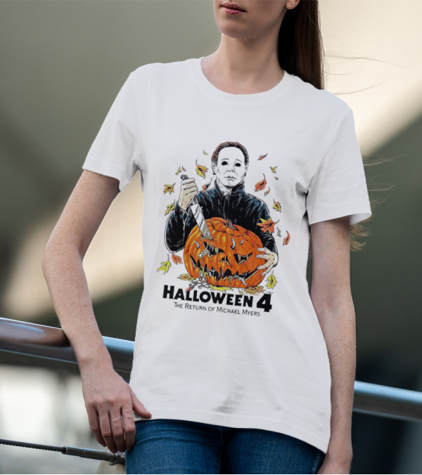 Halloween 4 The Return Of Michael Myers Knife-Wielding Michael With Carved Pumpkin And Autumn Leaves T-Shirt