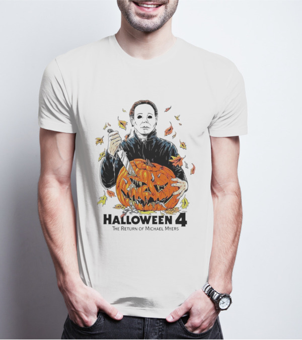 Halloween 4 The Return Of Michael Myers Knife-Wielding Michael With Carved Pumpkin And Autumn Leaves T-Shirt