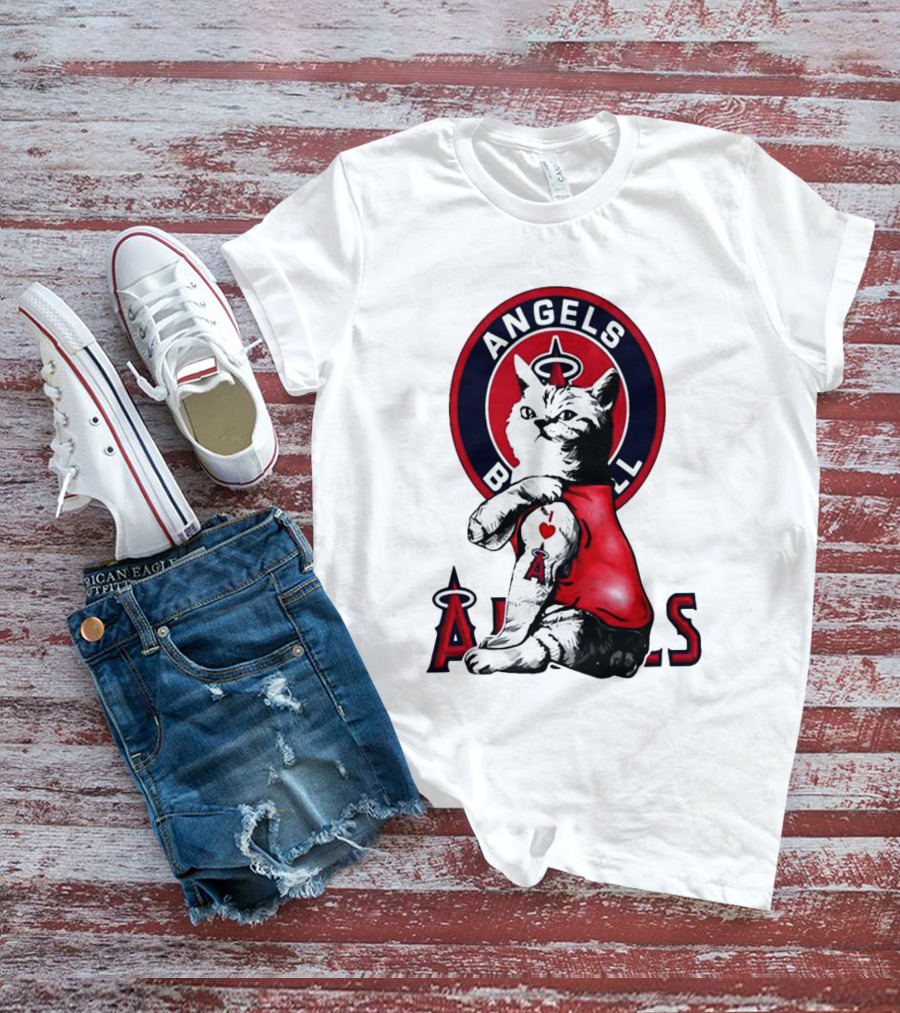 Tattoo Cat Los Angeles Angels Baseball Logo I Love Angels T-Shirt