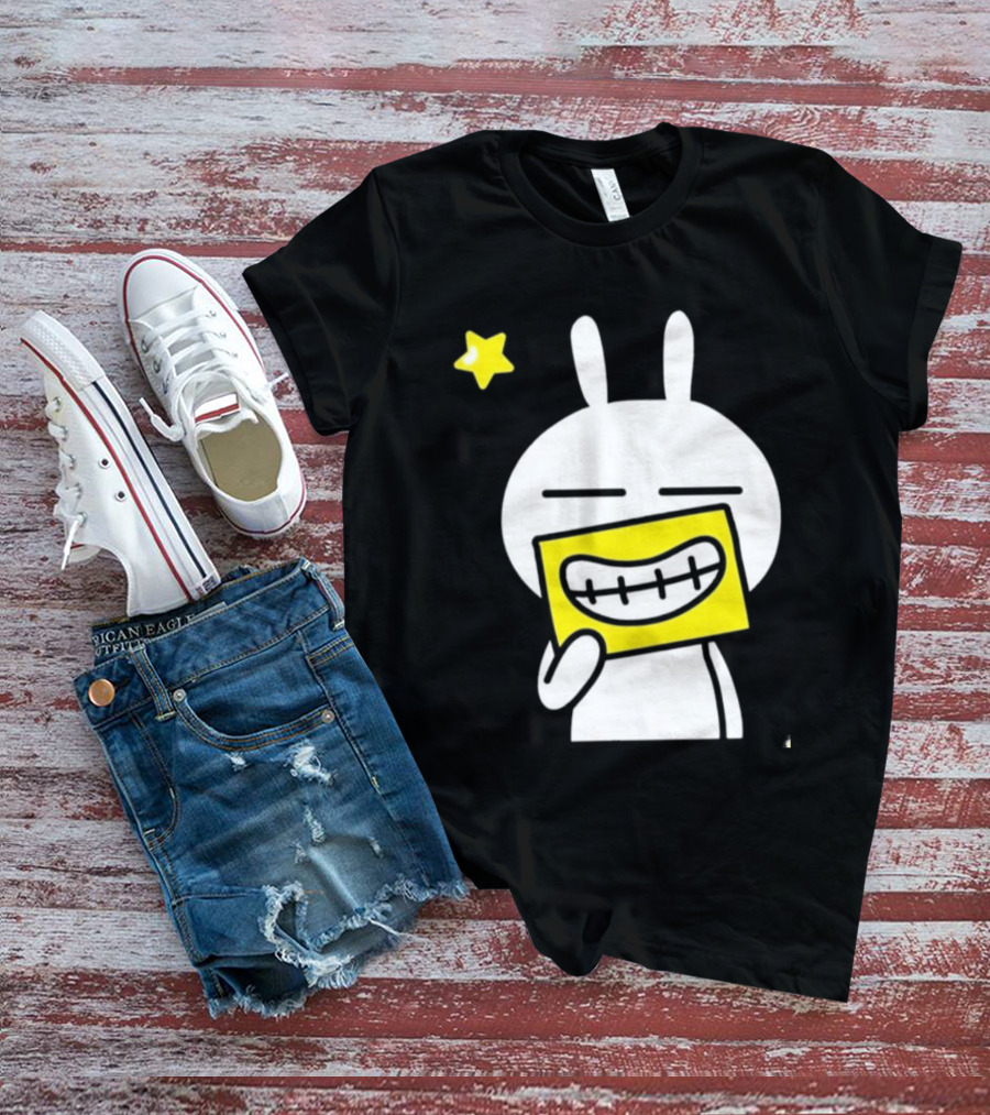 Tuzki Holding Fake Smile Cartoon Character With Star T-Shirt