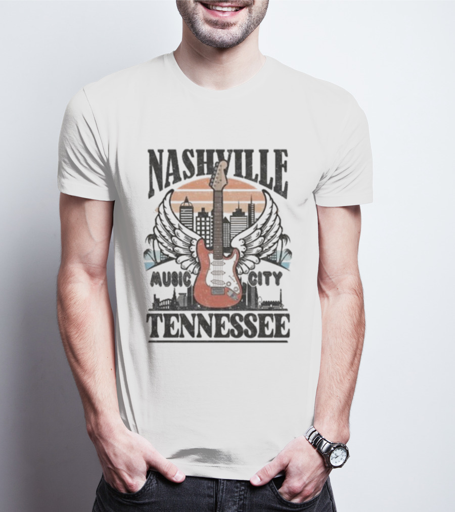 Nashville Tennessee Music City Electric Guitar Skyline Wings T-Shirt