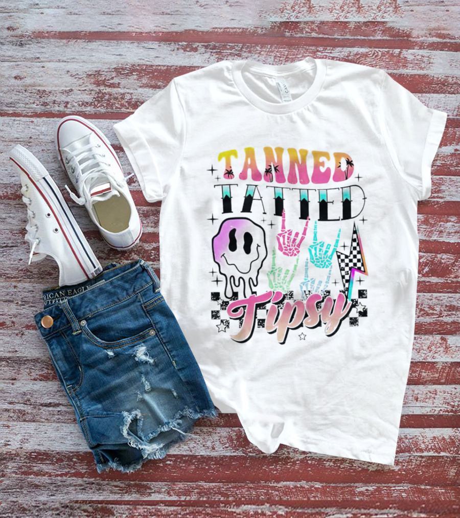 Tanned Tatted Tipsy Colorful Skeleton Hands Melting Smiley T-Shirt