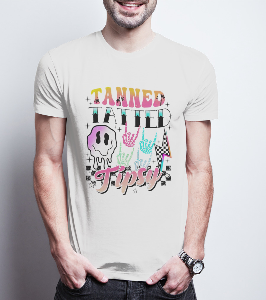 Tanned Tatted Tipsy Colorful Skeleton Hands Melting Smiley T-Shirt