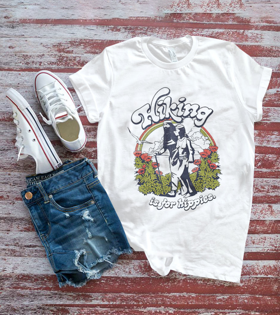Hiking Is For Hippies Vintage Floral Rainbow Scene T-Shirt