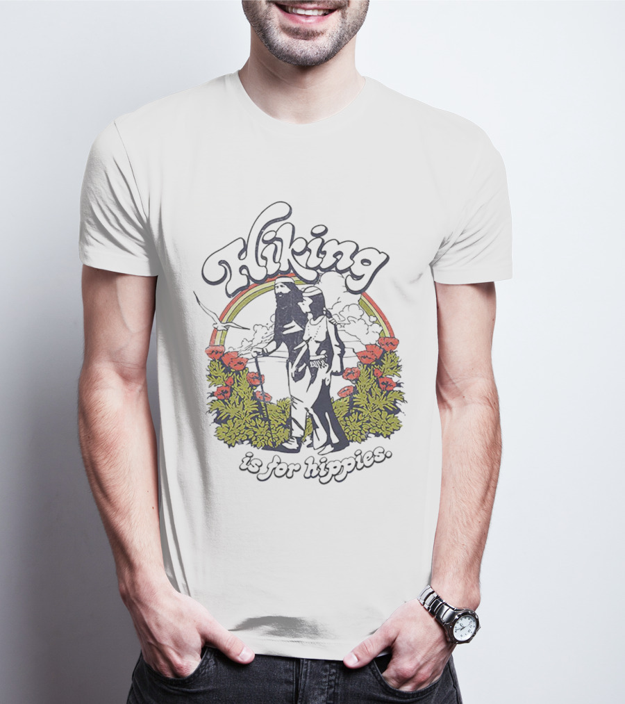 Hiking Is For Hippies Vintage Floral Rainbow Scene T-Shirt
