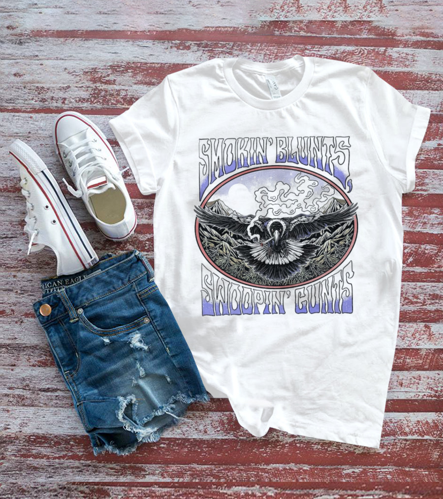 Smokin’ Blunts Swoopin’ Gunts Raven With Smoky Mountains And Clouds T-Shirt