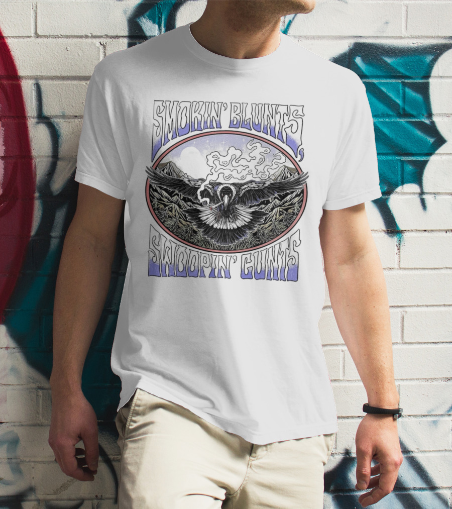 Smokin’ Blunts Swoopin’ Gunts Raven With Smoky Mountains And Clouds T-Shirt