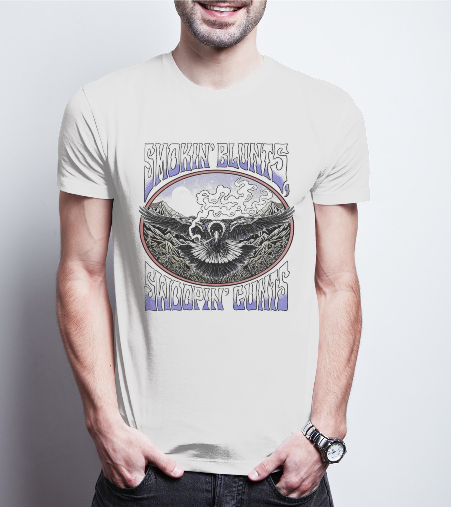 Smokin’ Blunts Swoopin’ Gunts Raven With Smoky Mountains And Clouds T-Shirt