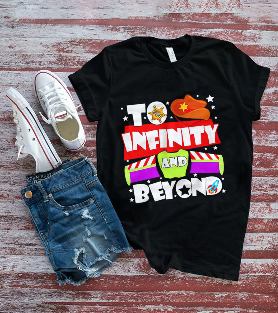 To Infinity And Beyond Toy Story Sheriff Badge Cowboy Hat Rocket T-Shirt