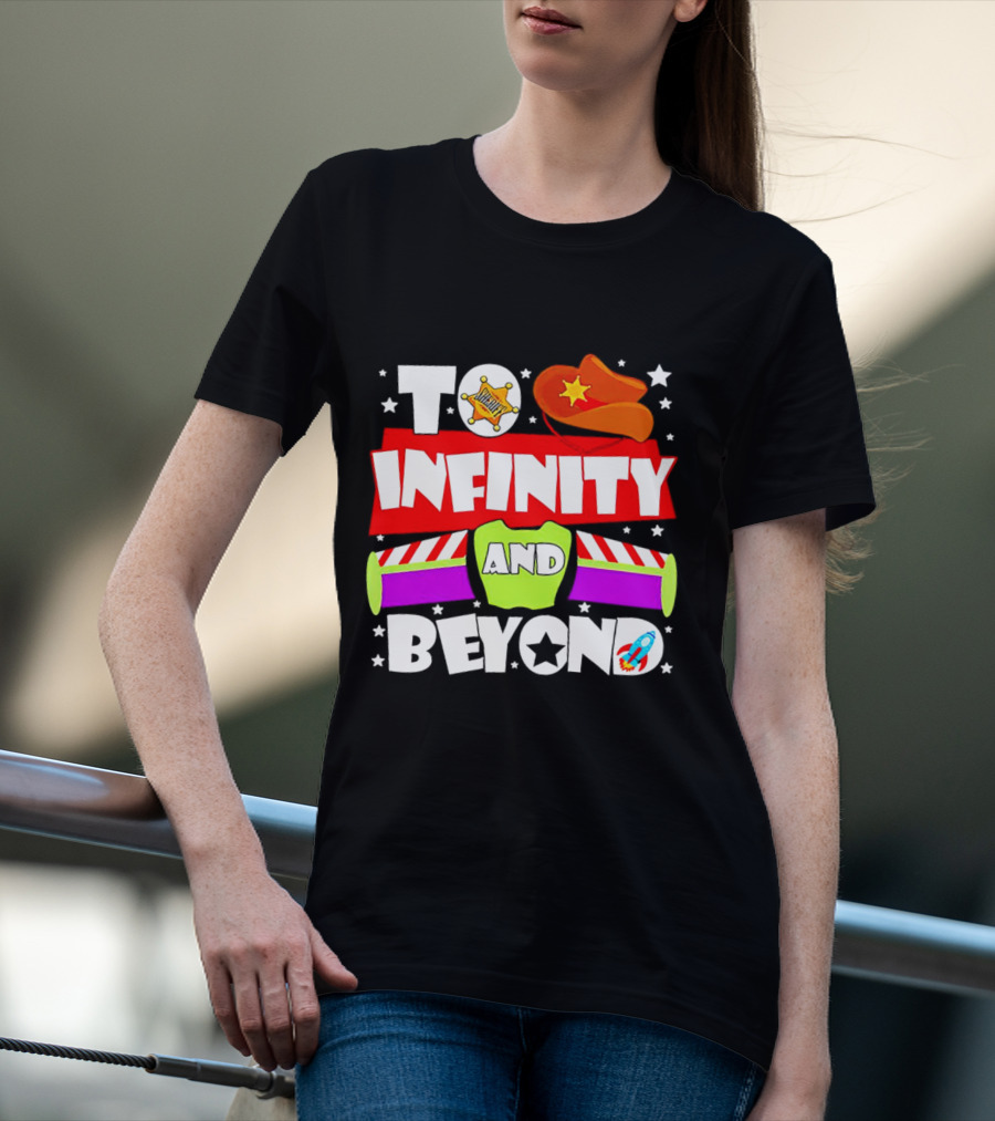 To Infinity And Beyond Toy Story Sheriff Badge Cowboy Hat Rocket T-Shirt