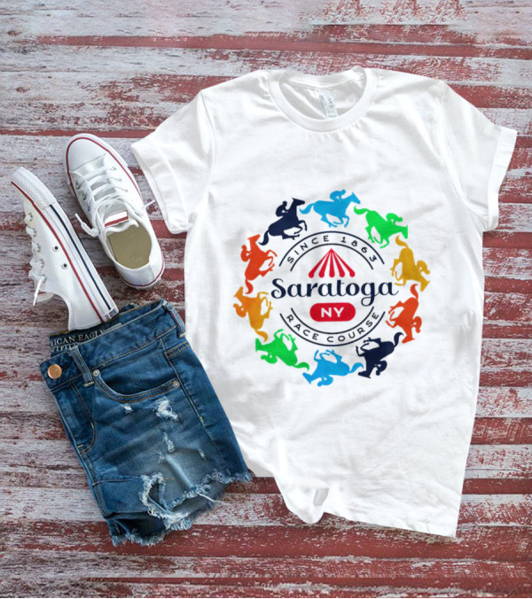 Saratoga NY Race Course Since 1863 Colorful Jockeying Nyra Authentics T-Shirt