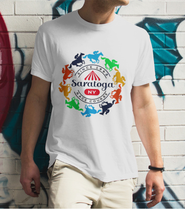 Saratoga NY Race Course Since 1863 Colorful Jockeying Nyra Authentics T-Shirt