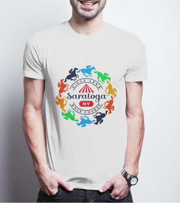 Saratoga NY Race Course Since 1863 Colorful Jockeying Nyra Authentics T-Shirt