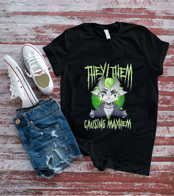 They Them Causing Mayhem Punk Monster Character With Green Hair And Spikes T-Shirt
