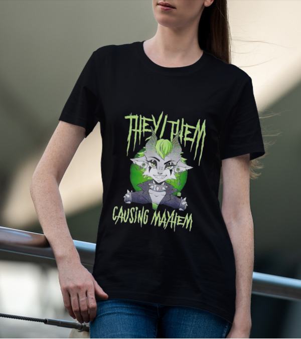 They Them Causing Mayhem Punk Monster Character With Green Hair And Spikes T-Shirt