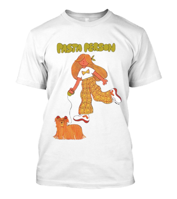 Pasta Person Walking Dog In Checkered Pants And White Sneakers T-Shirt