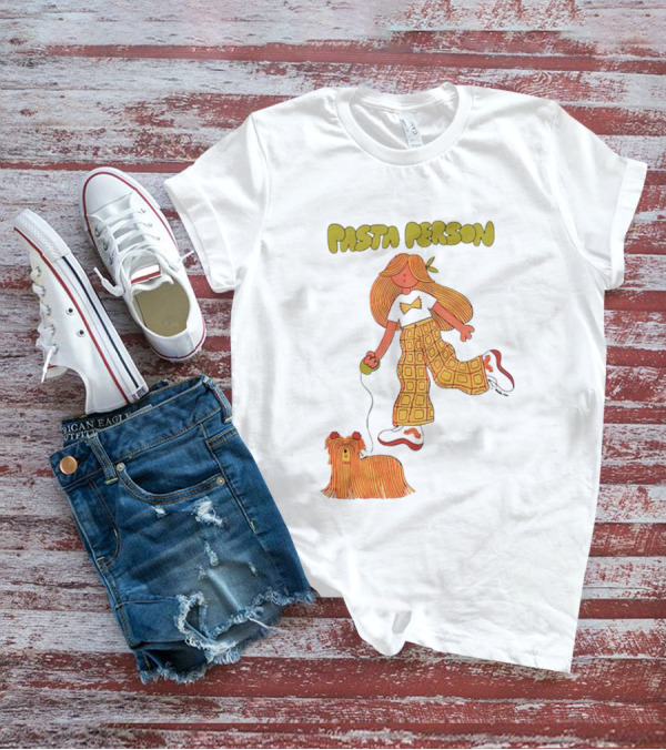 Pasta Person Walking Dog In Checkered Pants And White Sneakers T-Shirt