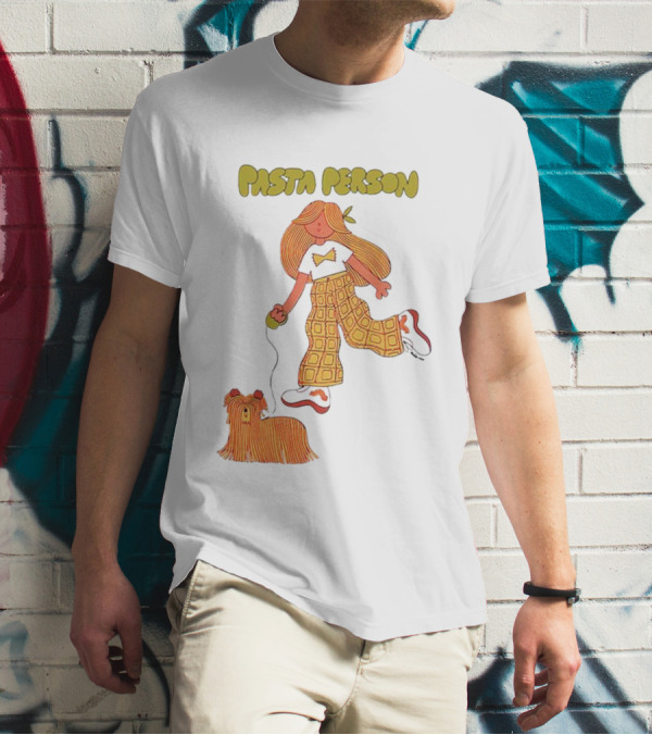 Pasta Person Walking Dog In Checkered Pants And White Sneakers T-Shirt