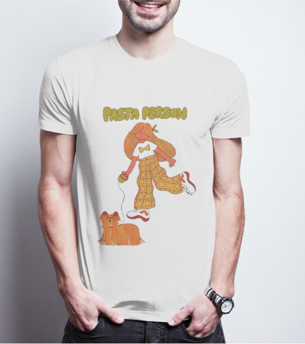 Pasta Person Walking Dog In Checkered Pants And White Sneakers T-Shirt