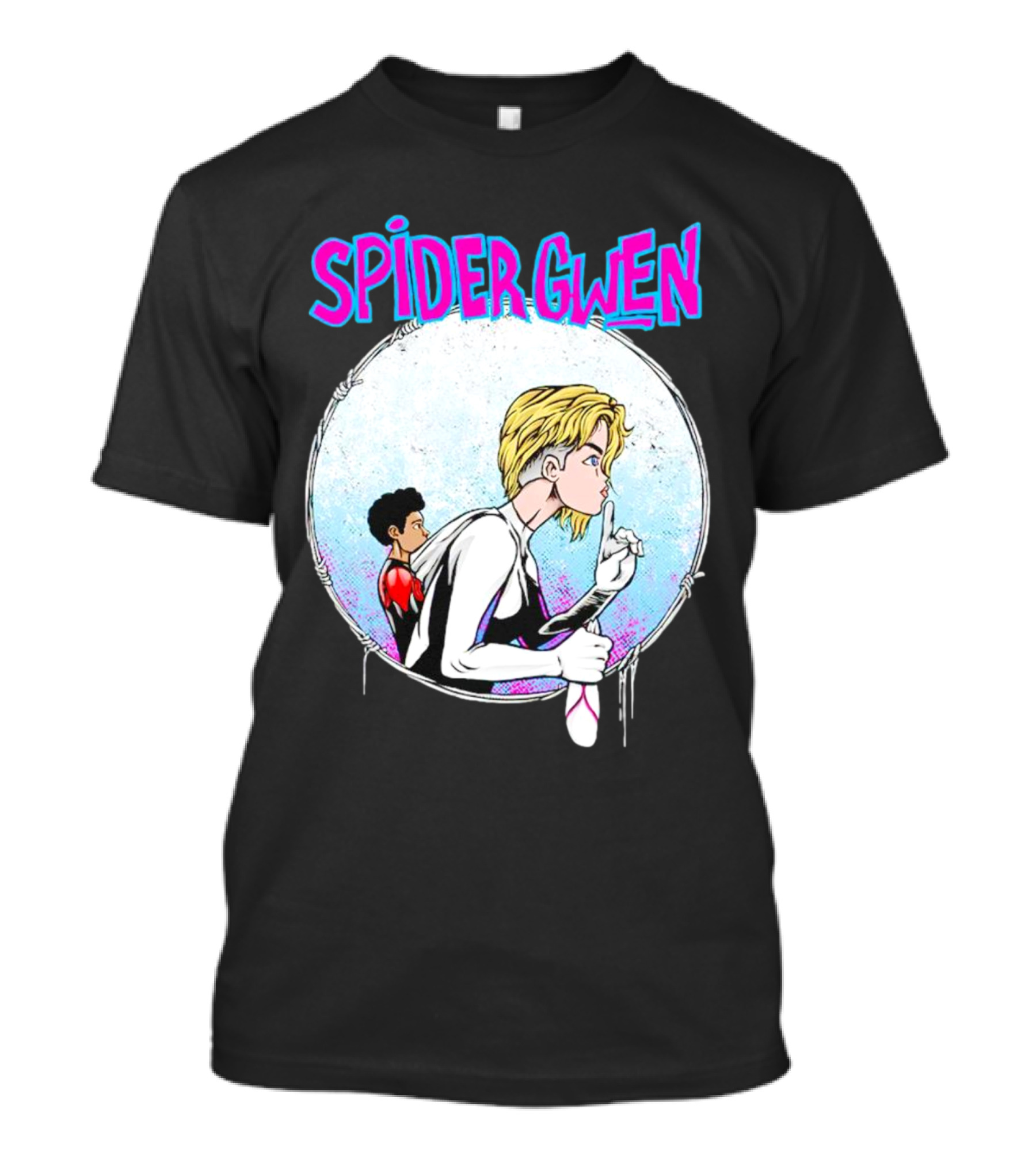 Spider-Gwen Silence Gesture With Spider Emblem Background T-Shirt