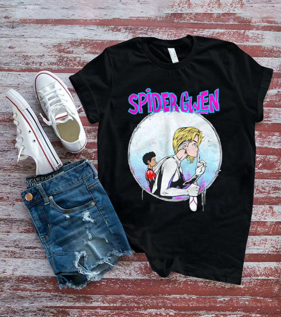 Spider-Gwen Silence Gesture With Spider Emblem Background T-Shirt