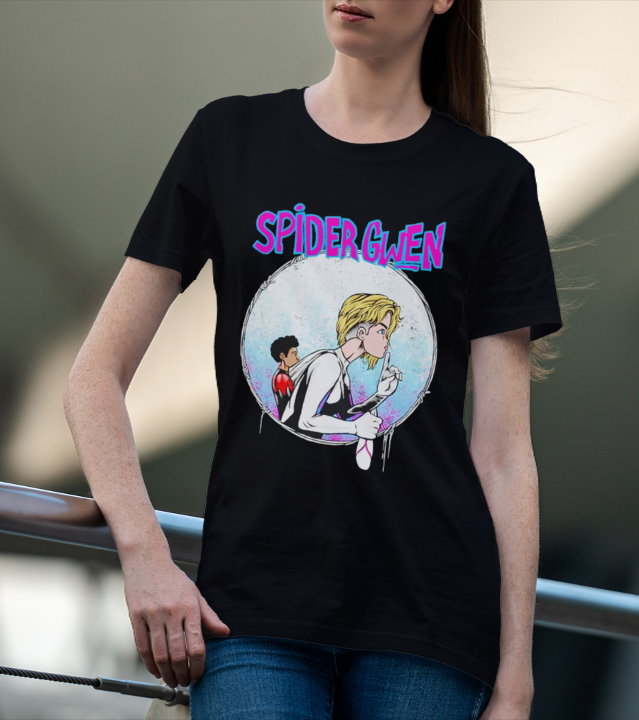 Spider-Gwen Silence Gesture With Spider Emblem Background T-Shirt