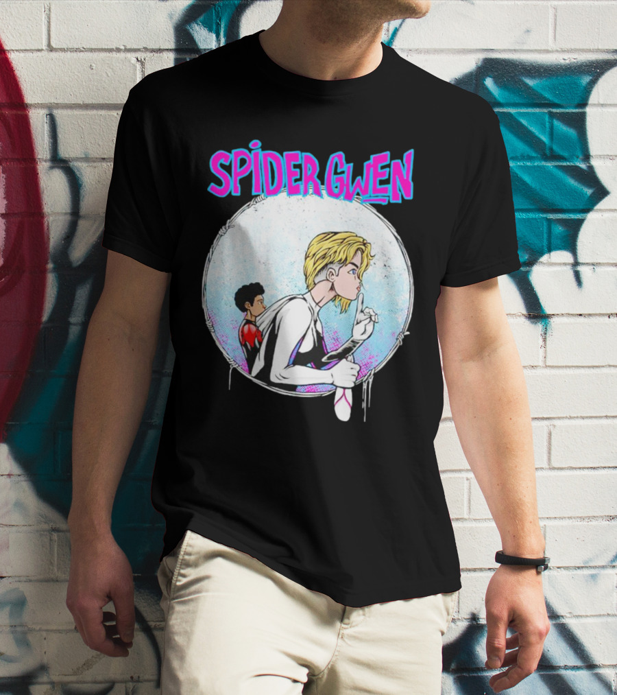 Spider-Gwen Silence Gesture With Spider Emblem Background T-Shirt