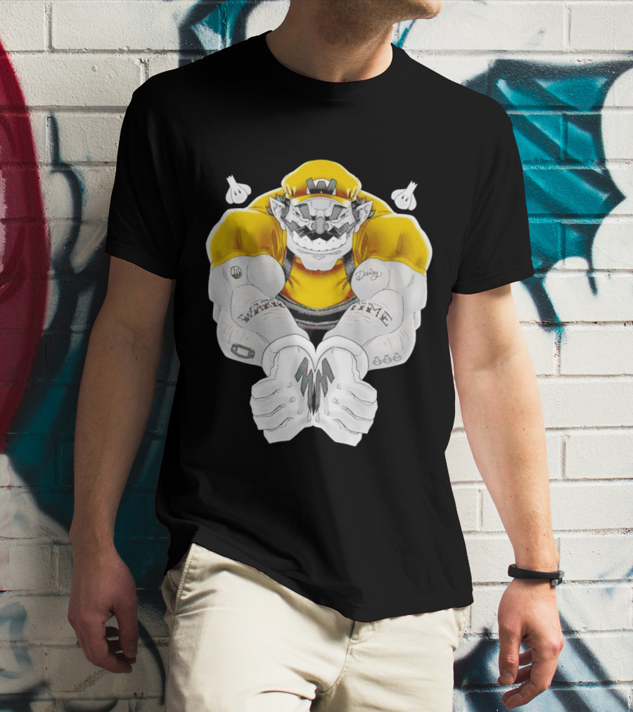 Wario Time Mario Daisy Tattoo With Yellow Cap And Muscle Pose T-Shirt