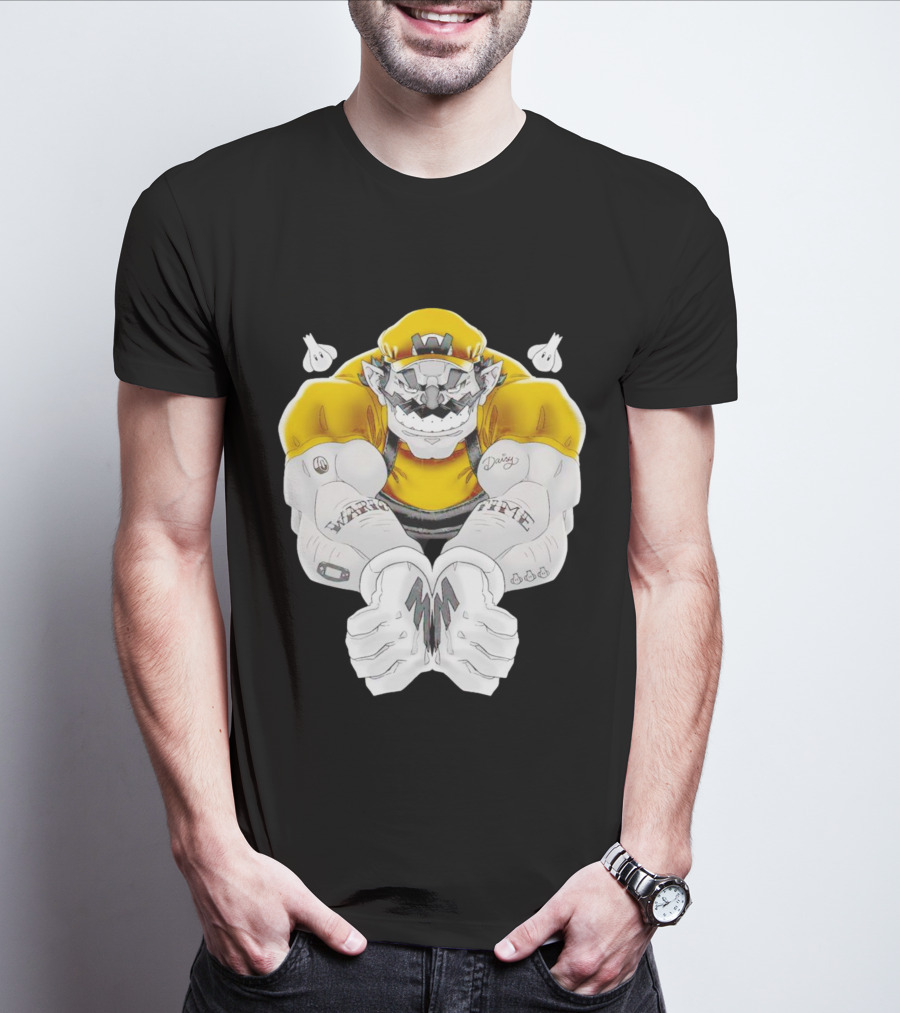 Wario Time Mario Daisy Tattoo With Yellow Cap And Muscle Pose T-Shirt