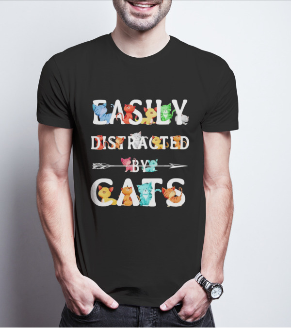 Easily Distracted By Cats Colorful Cartoon Kittens T-Shirt