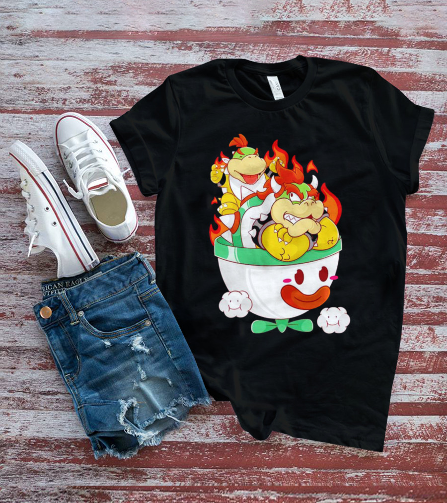 Bowser And Bowser Jr. Father And Son In Clown Car With Flames T-Shirt