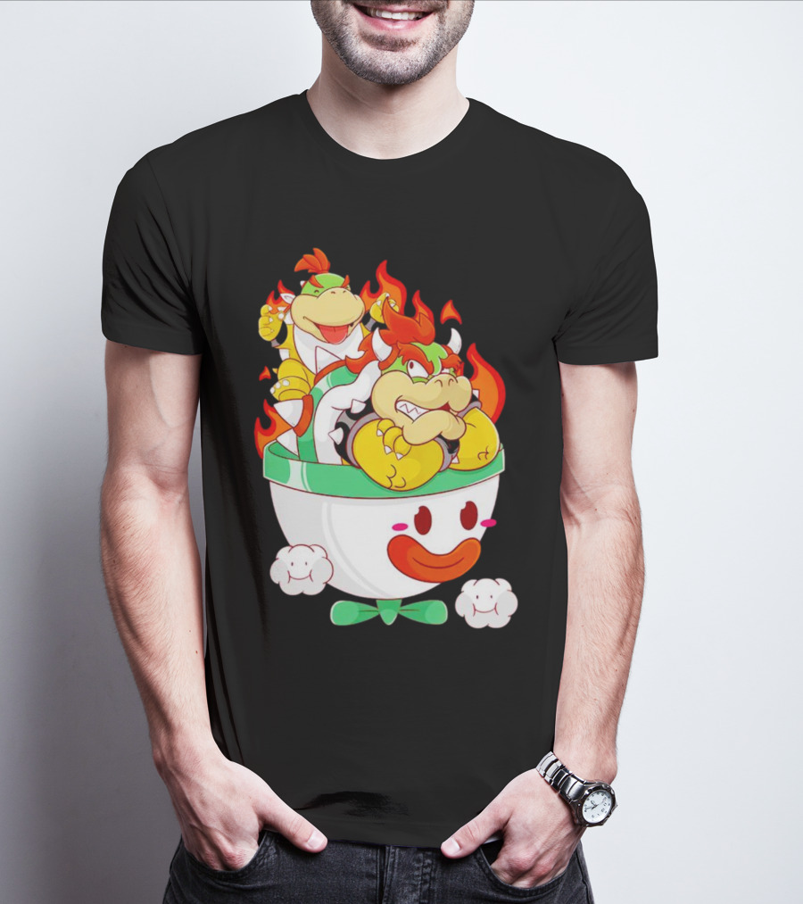 Bowser And Bowser Jr. Father And Son In Clown Car With Flames T-Shirt