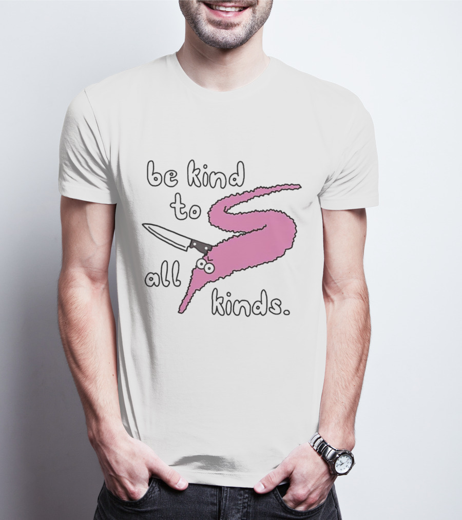 Be Kind To All Kinds Pink Squiggle Worm With Knife T-Shirt