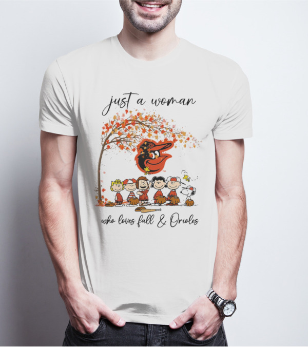 Just A Woman Who Loves Fall And Orioles Peanuts Football Thanksgiving T-Shirt